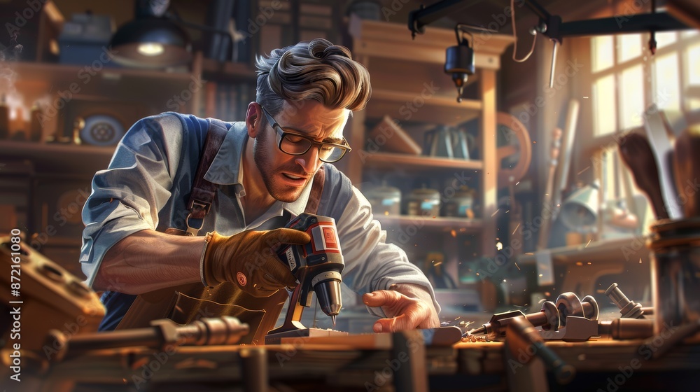 Focused Craftsman Using Power Drill in Workshop - Safety Goggles, Gloves, Tools, and Woodwork Focused Craftsman Using Power Drill in Workshop - Safety Goggles, Gloves, Tools, and Woodwork