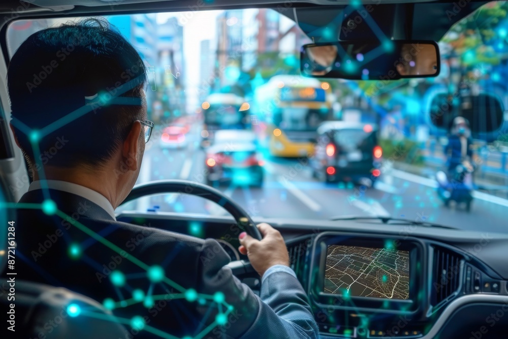 Businessman Driving Through a Modern City Businessman Driving Through a Modern City