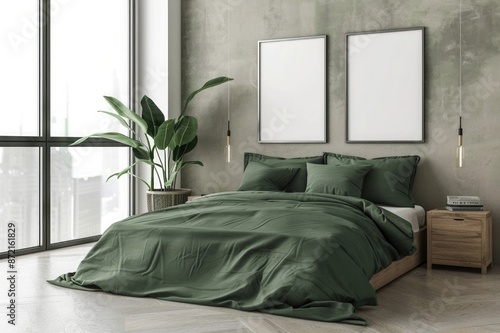 Minimalist bedroom with green bed linen, two blank picture frames on the wall, and wooden nightstands