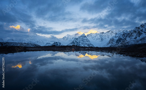 The sunrise of Mt. Makalu, Mt. Everest on the lake photo