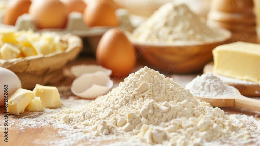 A kitchen counter filled with various baking ingredients: flour, sugar, eggs, and butter A kitchen counter filled with various baking ingredients: flour, sugar, eggs, and butter