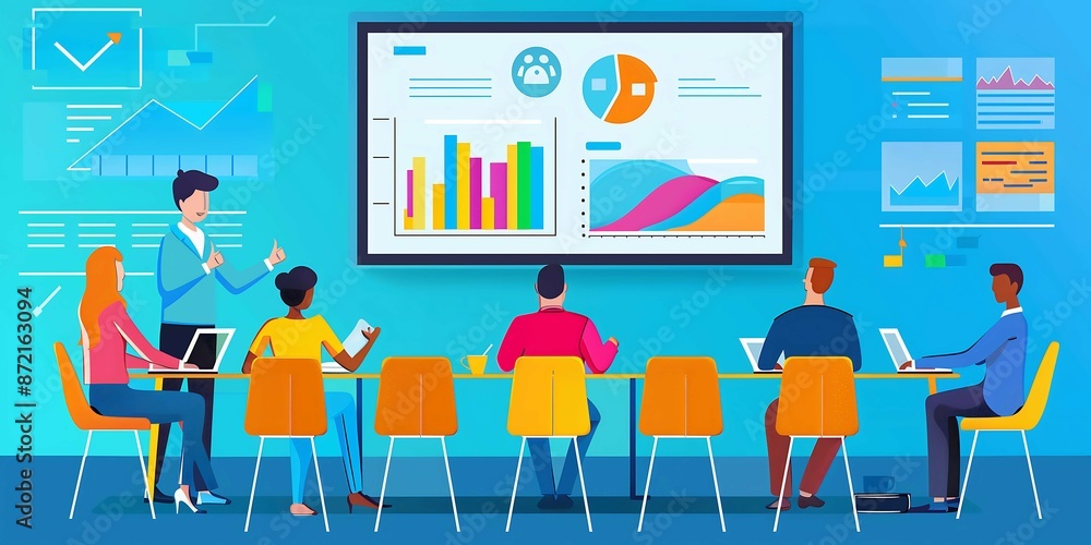 Office Presentation with Digital Email Tracking Display, Business Meeting with Email Analytics Screen Office Presentation with Digital Email Tracking Display, Business Meeting with Email Analytics Screen