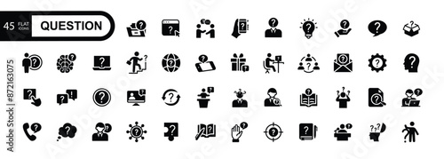 Simple set of question related vector  icons. Question mark, surprised man, dialog, search for answers. Vector illustration.