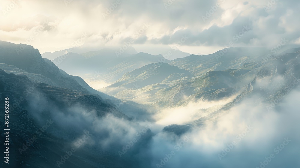 misty morning in the mountains, with low clouds hanging in the valleys, sunlight piercing through, creating an ethereal and tranquil atmosphere misty morning in the mountains, with low clouds hanging in the valleys, sunlight piercing through, creating an ethereal and tranquil atmosphere