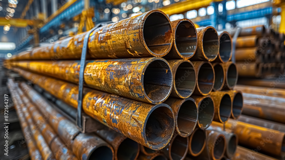 Stack of steel pipes in a metallurgical plant, factory or workshop. Heavy industry and iron materials. Stack of steel pipes in a metallurgical plant, factory or workshop. Heavy industry and iron materials.