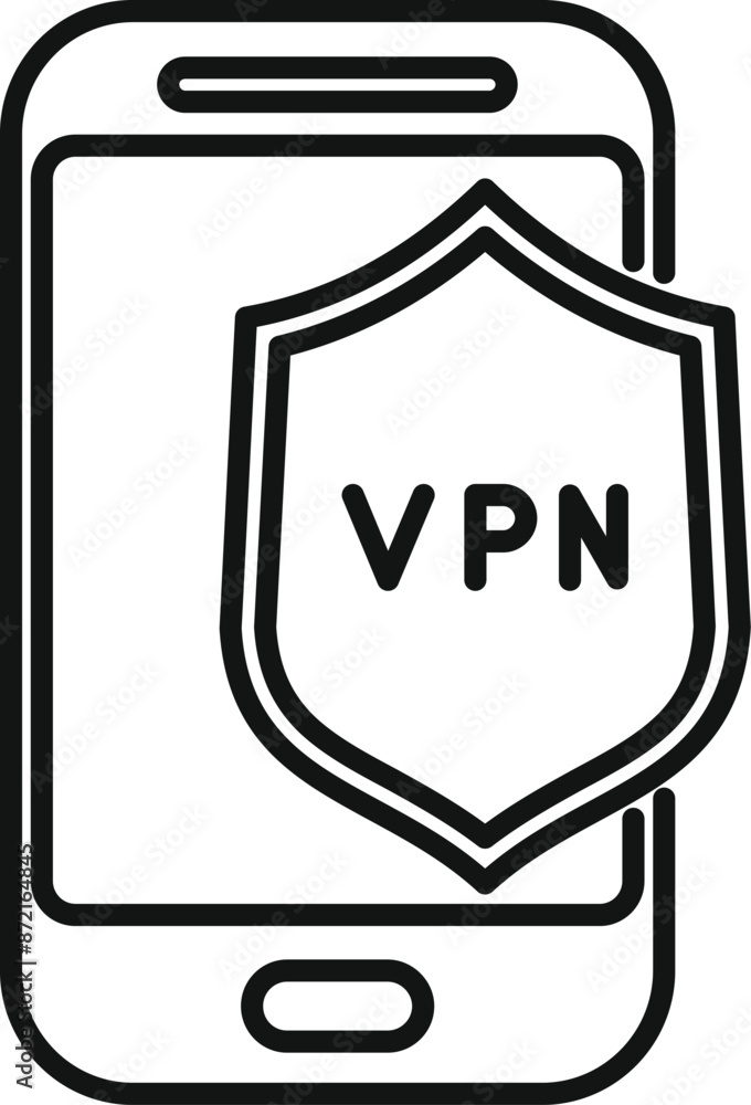 Shield with vpn lettering is covering a smartphone, showing a secure internet connection Shield with vpn lettering is covering a smartphone, showing a secure internet connection