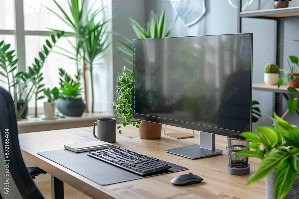 A modern home office setup with a sleek computer monitor, keyboard, mouse, and various plants. The setting is bright and organized, ideal for productivity. A modern home office setup with a sleek computer monitor, keyboard, mouse, and various plants. The setting is bright and organized, ideal for productivity.