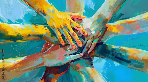 A painting of people's hands interlocked in a circle