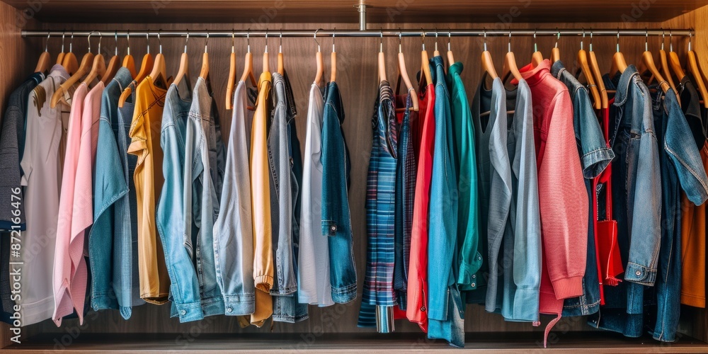 Colorful Clothing Hanging in a Closet Colorful Clothing Hanging in a Closet