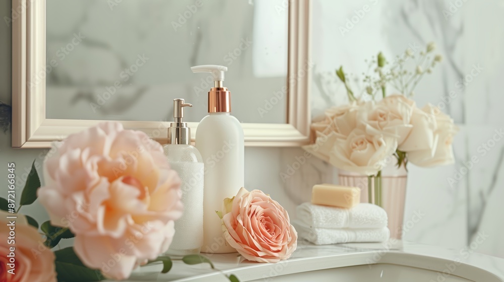 display setup of flowers and soap bottles on bathroom or toilet mirror shelf display setup of flowers and soap bottles on bathroom or toilet mirror shelf