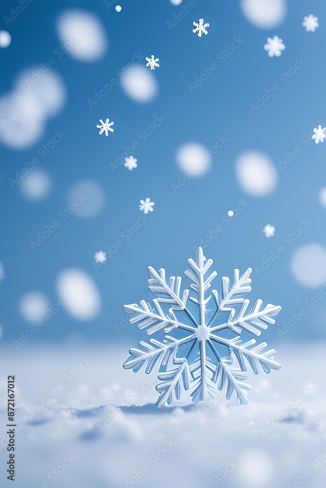 Falling snowflakes with large snowflake on snow Falling snowflakes with large snowflake on snow