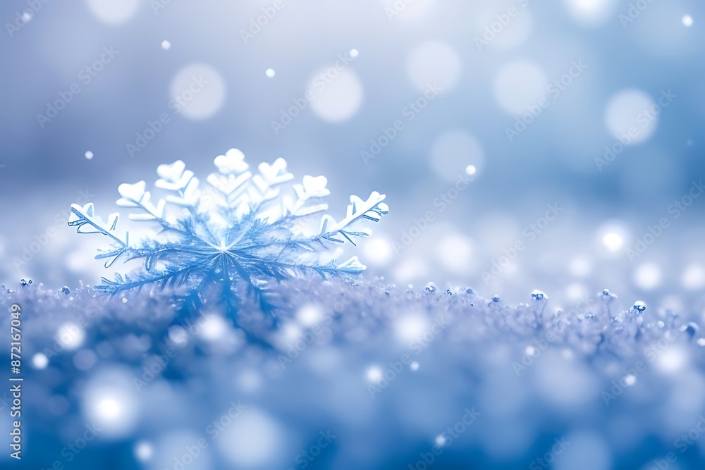 Falling snowflakes with large snowflake on snow Falling snowflakes with large snowflake on snow
