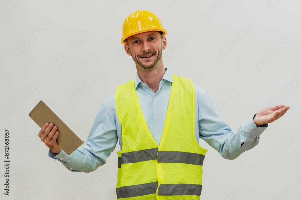 Portrait Caucasian engineer in protective vest and helmet on white background Portrait Caucasian engineer in protective vest and helmet on white background