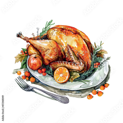 A watercolor painting of a turkey with a fork and knife on a white plate, thanksgiving day