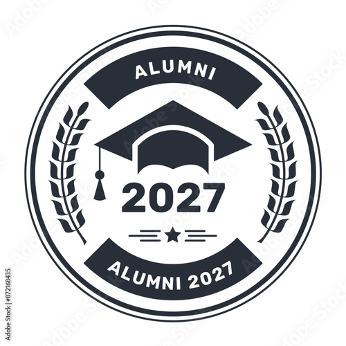 Alumni annual emblem, student graduation hat and laurel wreath, school-leaver stamp, vector