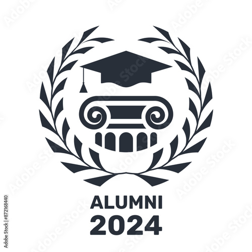 Alumni emblem with column and mortarboard hat, graduate students stamp with laurel wreath, vector