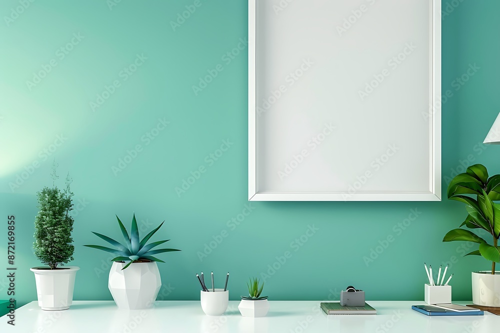 Clean and sleek office setup with a minimalist white desk, vibrant blue decor, and an empty white frame on a green wall in a format. Clean and sleek office setup with a minimalist white desk, vibrant blue decor, and an empty white frame on a green wall in a format.