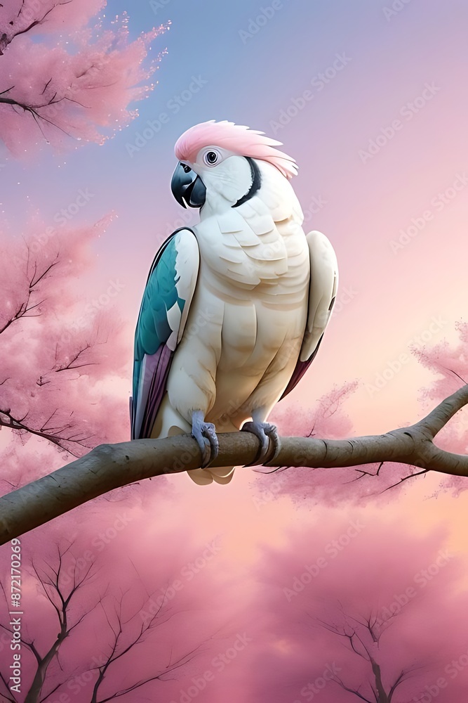 Fototapeta premium Whimsical Pink Cockatoo Perched on Cherry Blossom Branch at Dawn
