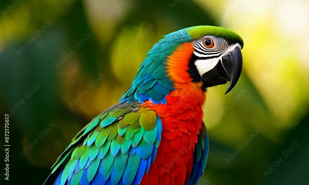 A colorful parrot is perched on a branch. The bird is green, red, and yellow, and it has a black beak. Concept of vibrancy and life A colorful parrot is perched on a branch. The bird is green, red, and yellow, and it has a black beak. Concept of vibrancy and life