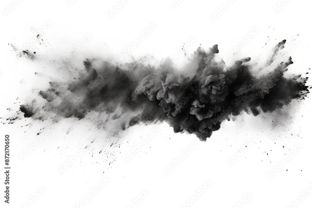 Black chalk pieces and flying dust, exploded effect isolated white background Black chalk pieces and flying dust, exploded effect isolated white background