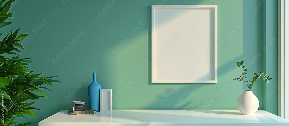 Clean and sleek office setup with a minimalist white desk, vibrant blue decor, and an empty white frame on a green wall in a format. Clean and sleek office setup with a minimalist white desk, vibrant blue decor, and an empty white frame on a green wall in a format.