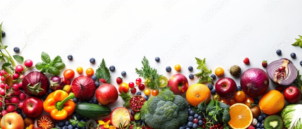 A selection of fruits and vegetables is arranged horizontally against a pristine white backdrop, allowing ample room for text inscription A selection of fruits and vegetables is arranged horizontally against a pristine white backdrop, allowing ample room for text inscription