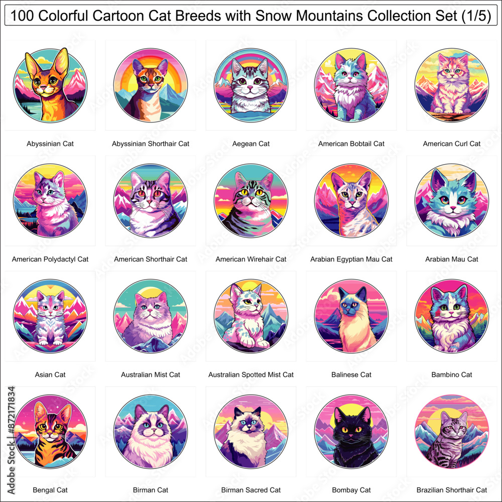 Colorful Cat Breeds Cute Cats Cartoon Characters Bundle Collection Set with Snow Mountains Part 1 Colorful Cat Breeds Cute Cats Cartoon Characters Bundle Collection Set with Snow Mountains Part 1
