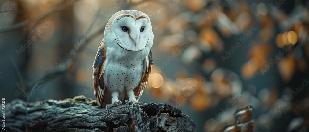 An owl perched on a tree branch against a background of indistinct leaves and tree trunk An owl perched on a tree branch against a background of indistinct leaves and tree trunk