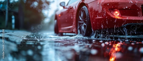  A tight shot of a scarlet car on a slick, rain-drenched road Trees loom in the backdrop Water beads dot the pavement