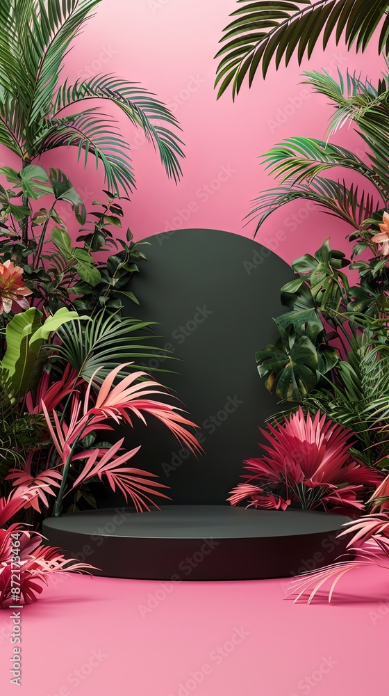 Naklejka premium Blank black display on vivid summer background with minimal style. Blank stand for showing product
