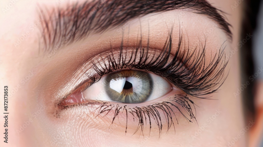 Obraz premium Mascara tube in a cylindrical shape, striking eyes, boosts eyelash length and thickness, dramatic eye makeup