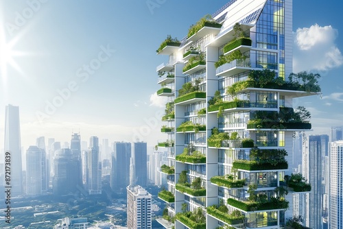 High-rise building with integrated solar panels and green terraces in cityscape photo