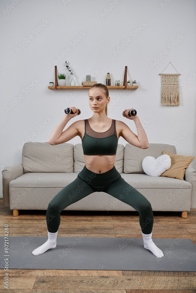 Obraz premium A young woman in athletic wear does squats with dumbbells in her living room.