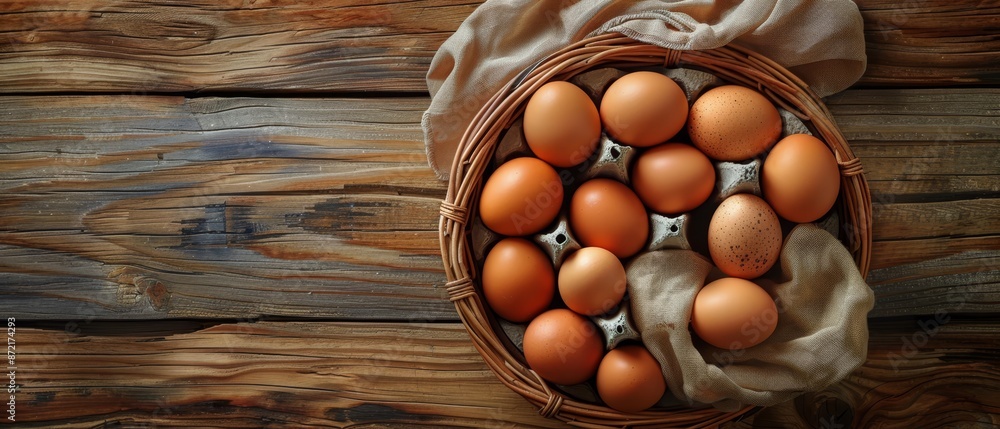 A basket brimming with numerous brown eggs atop a weathered wooden table, adjacent to a pristine piece of white cloth A basket brimming with numerous brown eggs atop a weathered wooden table, adjacent to a pristine piece of white cloth