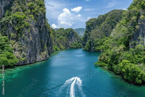 A Solitary Boat Navigates a Verdant Fjord photo