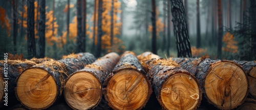  A collection of logs arranged vertically before an orange-tree backdropped forest photo
