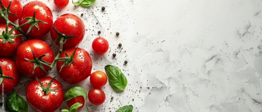 A collection of tomatoes, each crowned with verdant leaves, rests atop a pristine white backdrop Droplets of water adorn the summits of A collection of tomatoes, each crowned with verdant leaves, rests atop a pristine white backdrop Droplets of water adorn the summits of