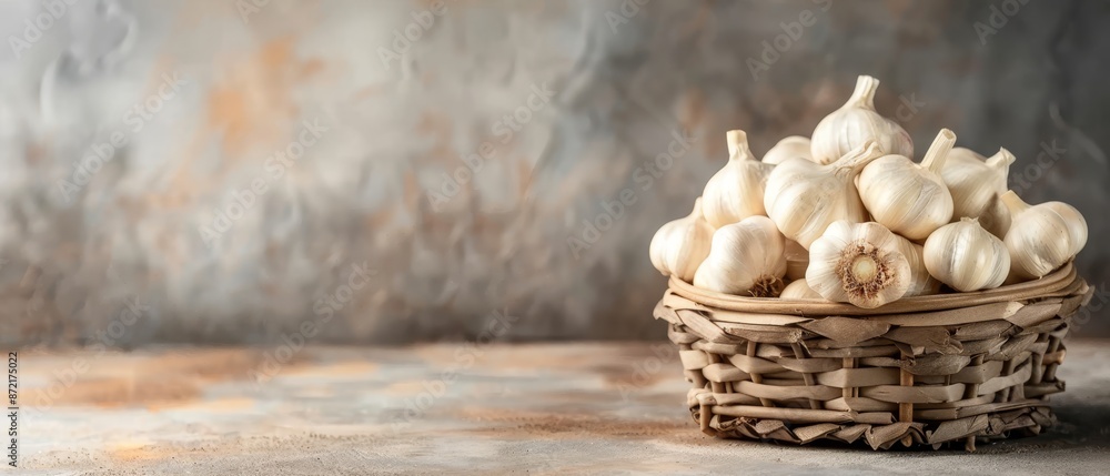 A basket of garlic on a table against a gray and white backdrop with a softly blurred wall in the background A basket of garlic on a table against a gray and white backdrop with a softly blurred wall in the background