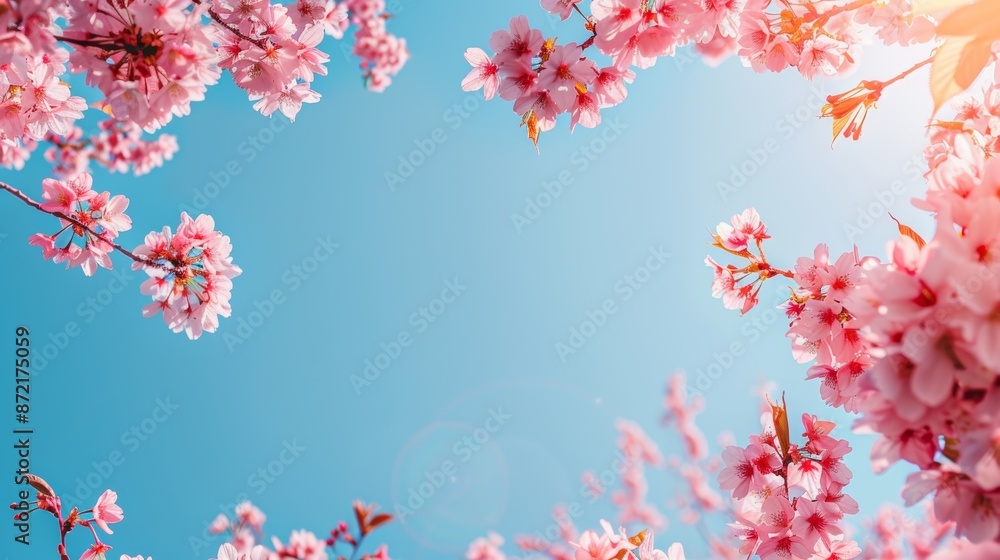 Blooming pink cherry blossoms on a sunny spring day with clear blue sky and ample copy space Blooming pink cherry blossoms on a sunny spring day with clear blue sky and ample copy space