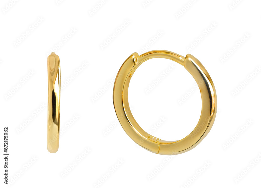 Pair of simple round gold hoop earrings front and side view isolated cutout on transparent Pair of simple round gold hoop earrings front and side view isolated cutout on transparent