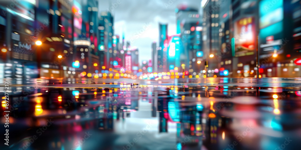 Out of focus view city street night, illuminated neon signs streetlights, reflecting wet surface cityscape buildings Out of focus view city street night, illuminated neon signs streetlights, reflecting wet surface cityscape buildings
