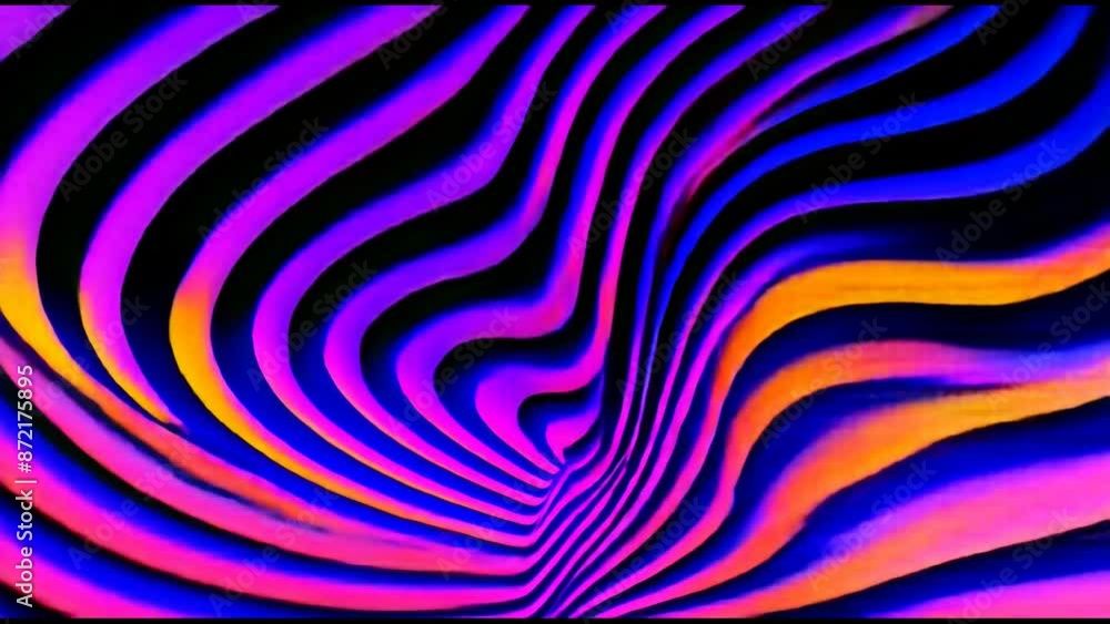 Distorted twisted line background. Trippy strip psychedelic motion animation. Neon color. Groovy abstract background. Trendy fluorescent retro style