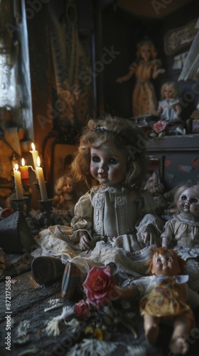 Collection of creepy old dolls in an old room with dim lighting. Halloween scene.