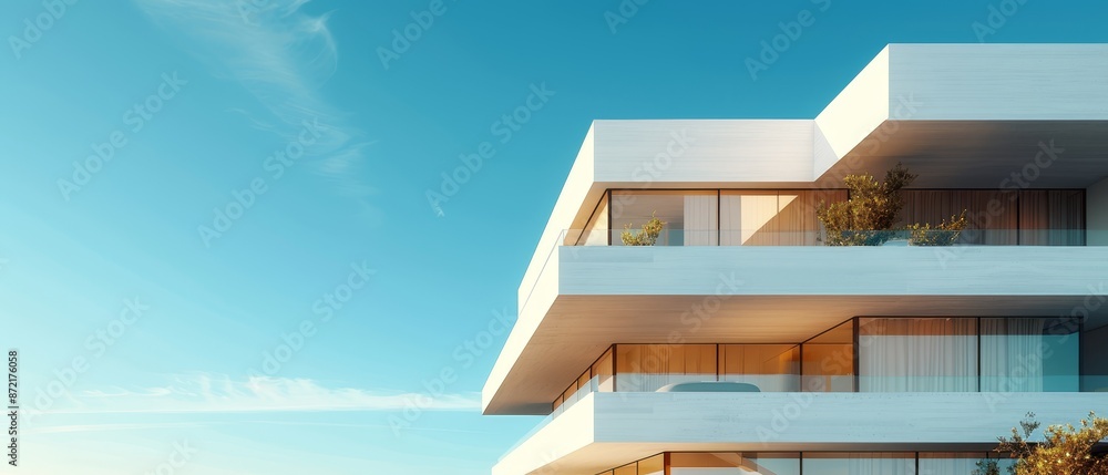 A tall white building with balconies on each level, some balconies feature smaller balconies A tall white building with balconies on each level, some balconies feature smaller balconies