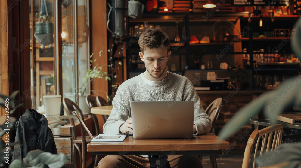 Young man working on laptop, freelancer or student with computer in cafe at table. lifestyle new generation Young man working on laptop, freelancer or student with computer in cafe at table. lifestyle new generation