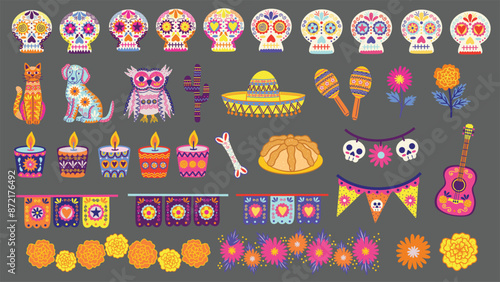 Day of the Dead elements set. Dia De Los Muertos. Mexican culture and tradition. Sugar skulls, calavera, ofrenda candles, and other festive elements. Hand drawn vector illustrations.