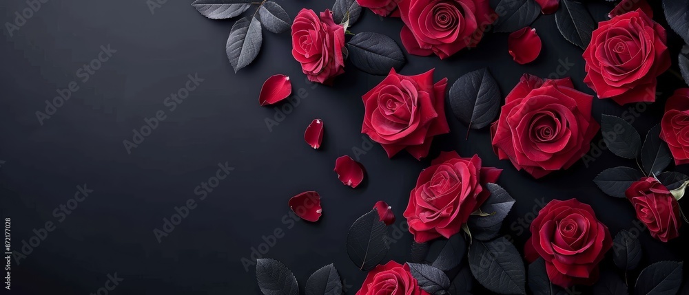 A black background featuring a red rose bouquet with leaves, allowing space for text or an image insertion A black background featuring a red rose bouquet with leaves, allowing space for text or an image insertion