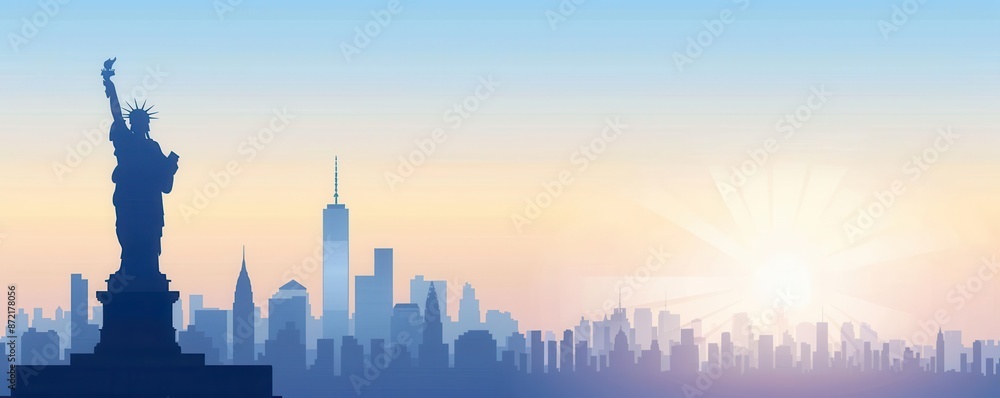 Silhouette of the Statue of Liberty against a New York City skyline at sunrise, capturing the beauty of the iconic landmark and urban landscape. Silhouette of the Statue of Liberty against a New York City skyline at sunrise, capturing the beauty of the iconic landmark and urban landscape.