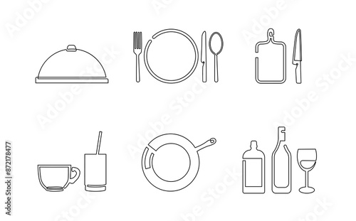 A set of linear illustrations on a culinary theme. Can be used as graphic vector elements to decorate cooking websites, food blogs, cookbooks, restaurant menus, banners, etc.