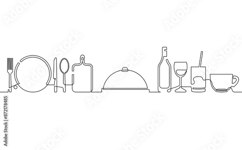 Restaurant theme illustration. The art of continuous line drawing with cooking utensils isolated on white background. Kitchen vector poster.